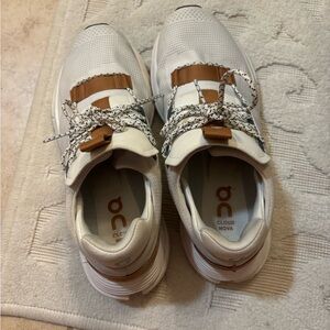 On Running Shoes, Cloudnova Sneakers in White Pearl and Tan, size 8